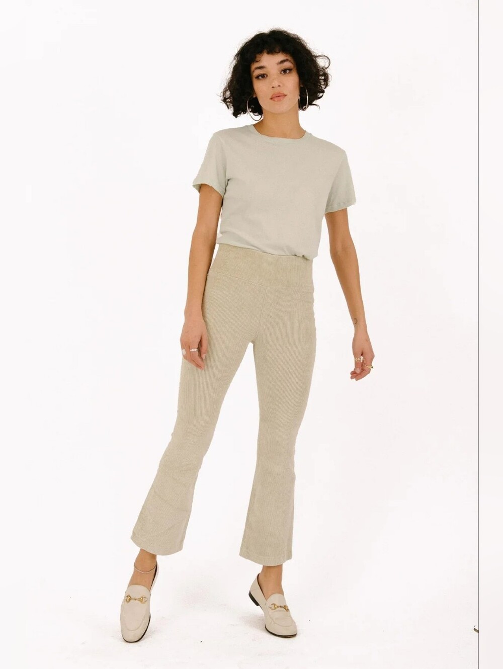 SPRWMN Corduroy Crop Flare Pull‎ On Cream High Waisted Stretch Pants Size Medium